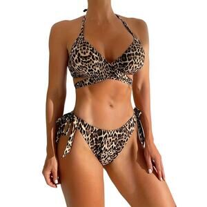 Leopard Print Halter Neck Bikini Set Cross Strape Details Size S
